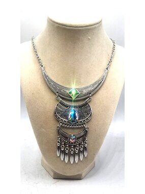Statement Necklace With Multi-Gem Accents &  Dangles Silver-Tone  By Paparazzi